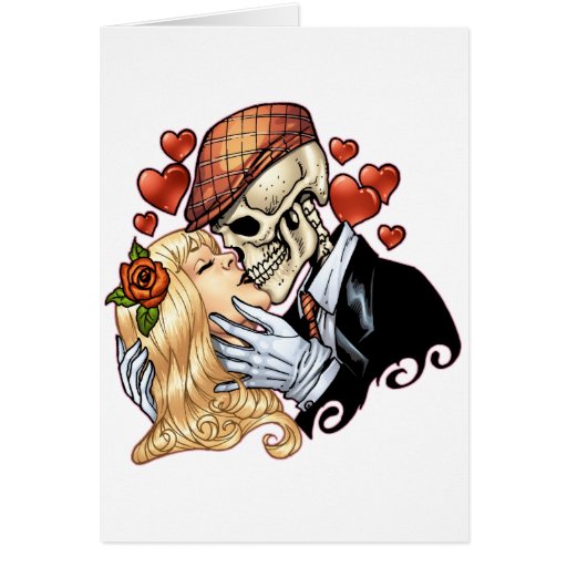 Skull Kiss with Hearts and Roses by Al Rio Cards
