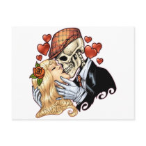 Skull Kiss with Hearts and Roses by Al Rio Post Card