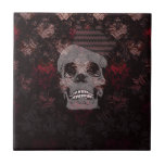 Skull with Crown on Grunge Black Lace Red Damask Tiles