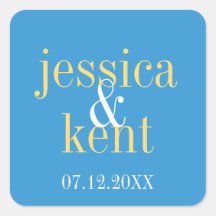 Sky blue yellow typography modern wedding favour square sticker