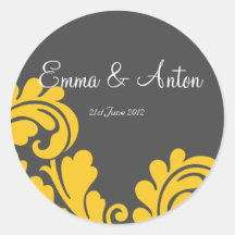 slate grey & yellow damask Favour/Envelope sticker