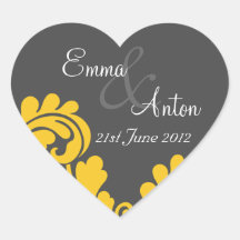 slate grey & yellow damask Save the date sticker