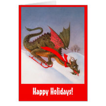 Sledding Dragon Happy Holidays Greeting Cards