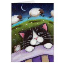 Sleeping Cat & Mouse Dream of Sheep - Cat Art Card