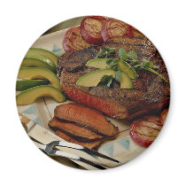 Sliced beef roast with grilled red onions and avoc refrigerator magnet