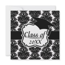 small flourish black white damask design personalised invitations