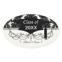 small flourish black white damask design oval sticker