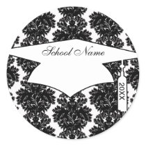 small flourish black white damask design round stickers