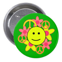 Smile Face with Peace Signs and Flowers Pin
