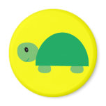 Smiling green cartoon turtle round yellow magnet