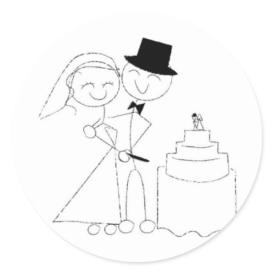 Smiling Stick Figure Couple Cuts the Wedding Cake Round Stickers by 