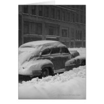 Snow capped car on street B&W cards