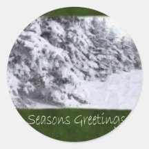 Snow-Covered Evergreen Trees - Seasons Greetings Round Stickers