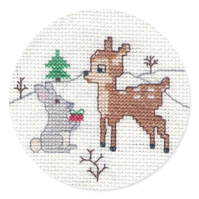Snow Fawn and bunny Cross Stitch Round Stickers by naturegirl7
