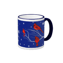 Snow Scene with Red Cardinals. Christmas Gift Mug