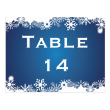 Snowflake blue white winter wedding table number postcards
