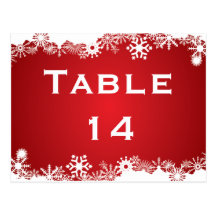 Snowflake red white winter wedding table number postcard