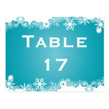 Snowflake turquoise winter wedding table number postcards