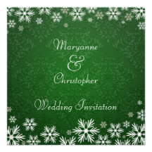 Snowflakes and Green Damask Wedding Personalized Announcements