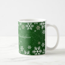 Snowflakes and Green Damask Wedding Mugs