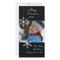 Snowflakes ~ black and white christmas, green trim picture card