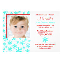 Snowflakes Teal Red Winter Onederland Birthday Personalized Invitations