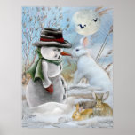 snowman and rabbit eating carrot posters
