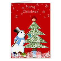 Snowman Decorating Christmas Tree Greeting Card