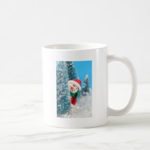 Snowman hiding or peeking from behind a tree mugs