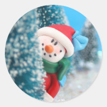 Snowman hiding or peeking from behind a tree stickers