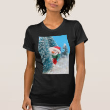 Snowman hiding or peeking from behind a tree tshirt