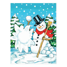 Snowman Throwing a Snowball Winter Fun Splat! Postcards