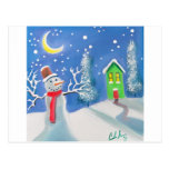 Snowman winter scene folk art painting postcards