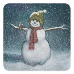 Snowman With Chickadee: Winter Scene Square Stickers
