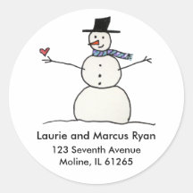 Snowman with Heart Address Labels Round Stickers