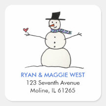 Snowman with Heart, Square Address Labels Stickers