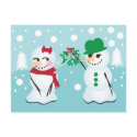 Snowman with Mistletoe Wanting a Kiss postcards