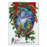 SNOWMAN WITH TOYS, white blue yellow Greeting Cards