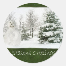 Snowman with Winter Trees - Seasons Greetings Round Stickers