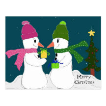 Snowmen Exchanging Presents Post Cards