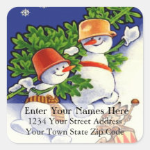Snowmen With Christmas Tree Vintage Address Label Sticker