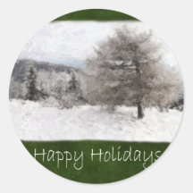 Snowy Mountain Landscape - Happy Holidays Round Sticker