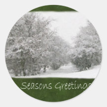 Snowy Winter Trees and Shrubs - Seasons Greetings Round Sticker