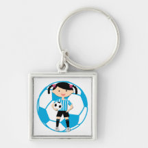 Soccer Girl 2 and Ball Blue and White Stripes Key Chains