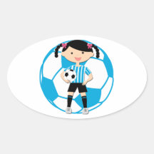 Soccer Girl 2 and Ball Blue and White Stripes Oval Stickers
