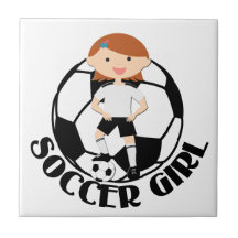 Soccer Girl 3 and Ball Black and White v2 Ceramic Tile