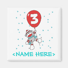 Sock Monkey 3rd Birthday Magnets