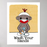 Sock Monkey Bathroom Reminder Wash Your Hands Poster