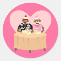 Sock Monkey Boy and Girl Romance Round Sticker