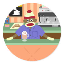 Sock Monkey Coffee Shop Barista Round Stickers